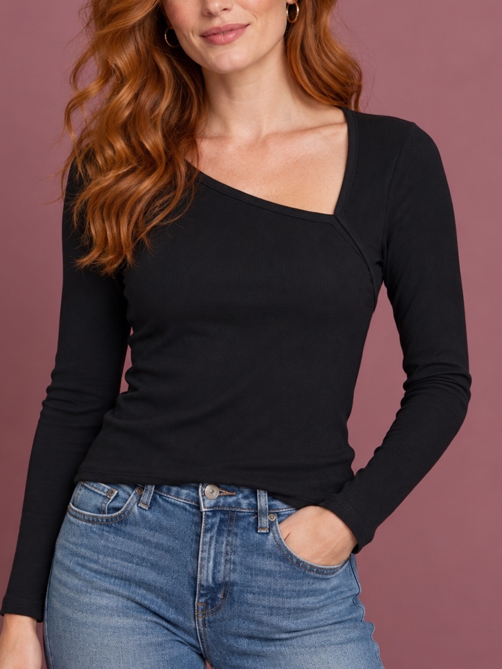 Anthropologie Pilcro Black Asymmetrical Ribbed Long Sleeve Top Casual Cotton M